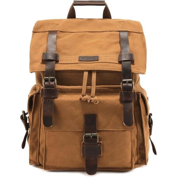 Men’s Leather Canvas Backpack Large Bag Khaki - Picture 1 of 6
